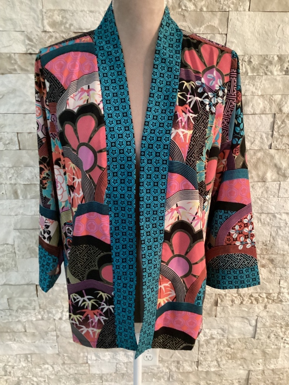 Bob Mackie Wearable Art "Kyoto Garden" Print Kimono Cardigan